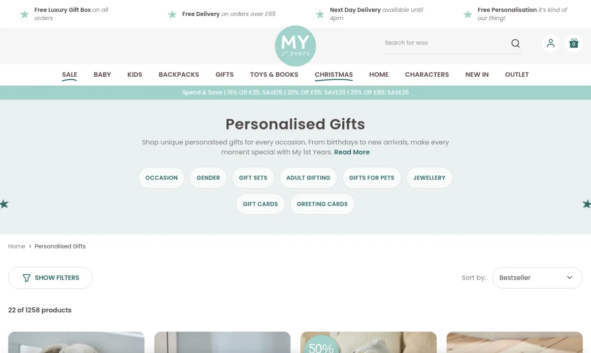 My 1st Years personalised gifts category page with occasion and gender filters