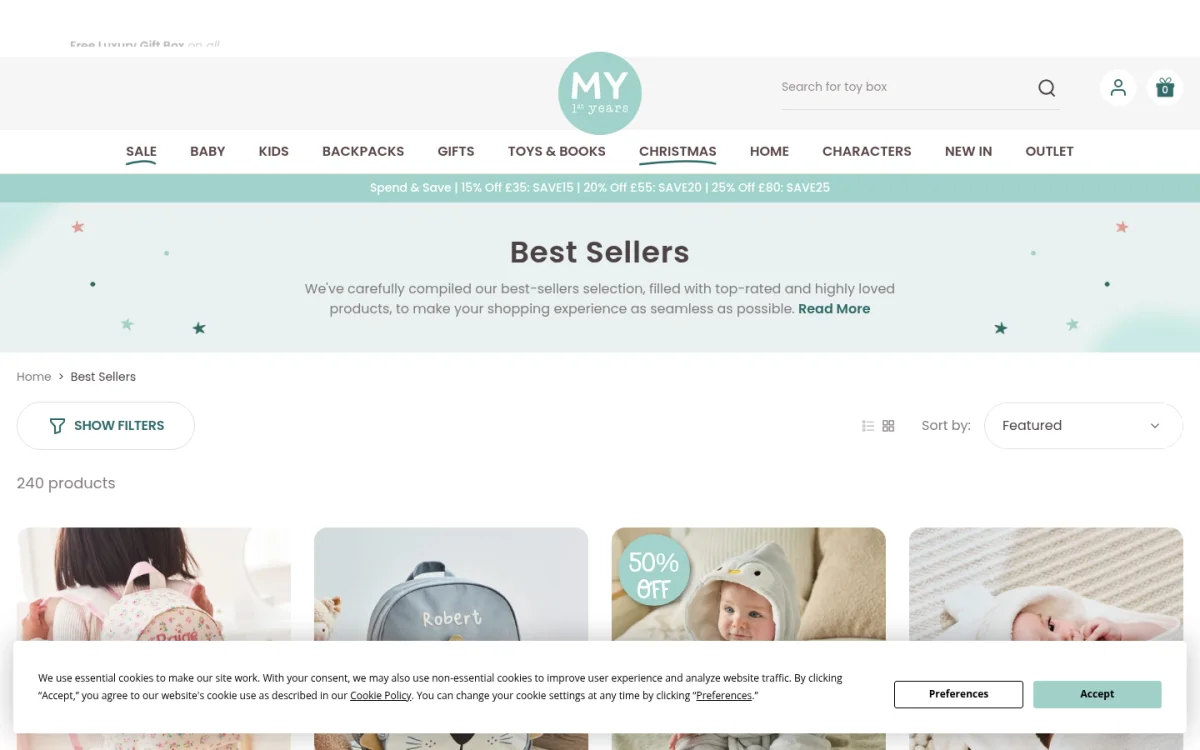 My 1st Years best sellers page showing personalised baby backpacks and hooded towels