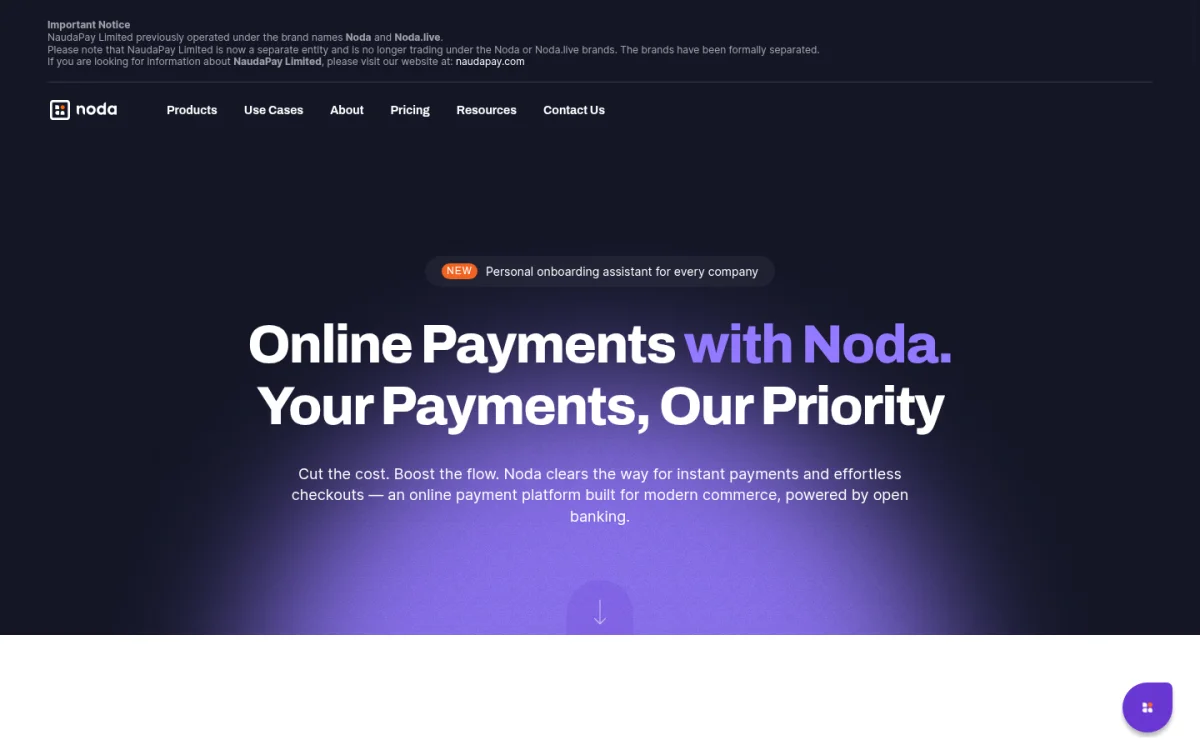 Noda homepage hero section introducing its open banking payment platform