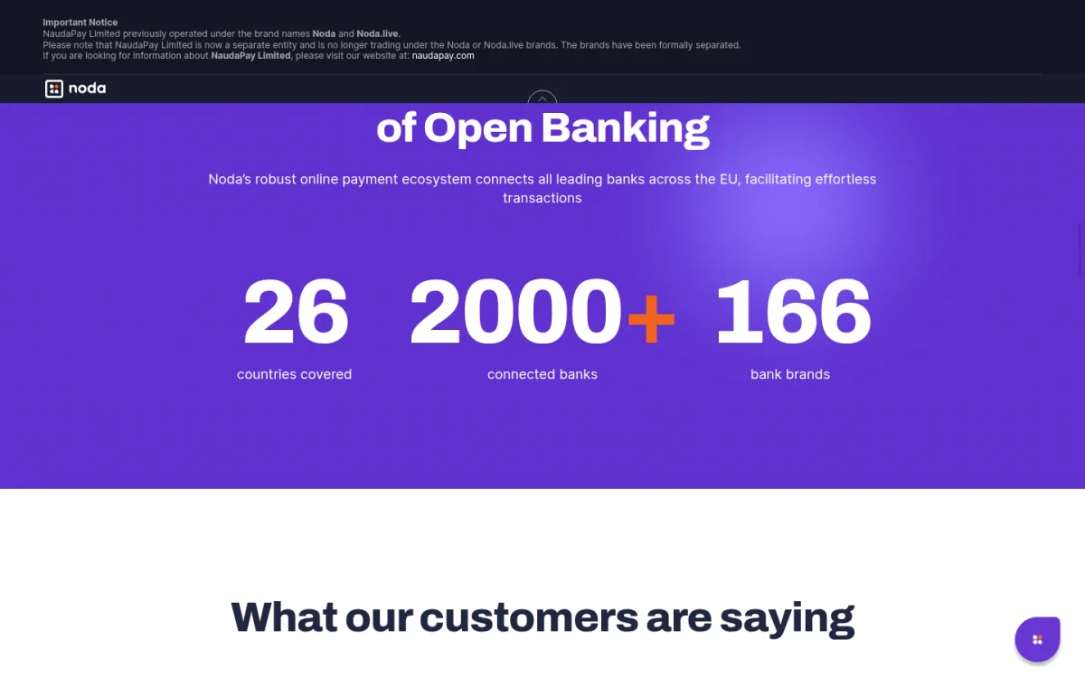Noda stats block showing 26 countries, 2,000+ connected banks and 166 bank brands