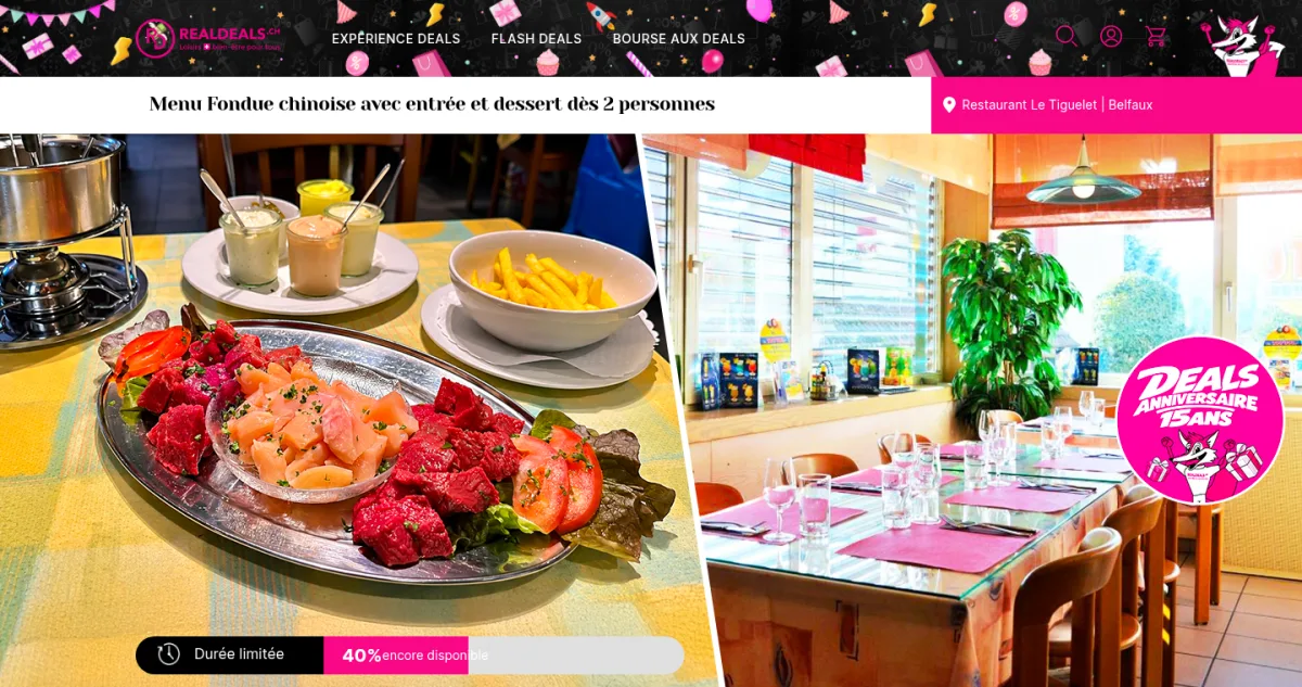 RealDeals.ch deal page for a fondue restaurant, showing the dish and the dining room