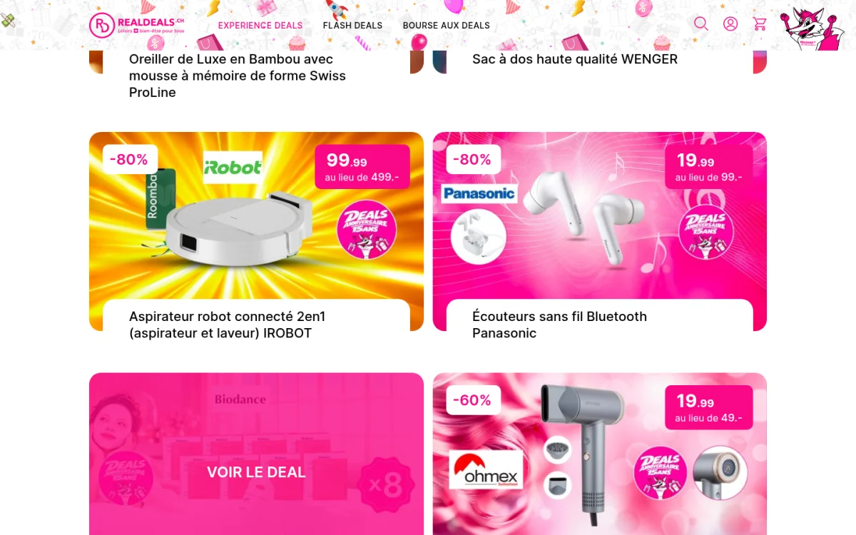 RealDeals.ch flash deals grid with discounted robot vacuum, earbuds and hair dryer listings