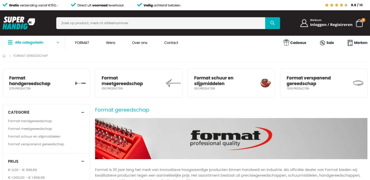 SuperHandig.nl category page listing Format hand tools, measuring tools and abrasives