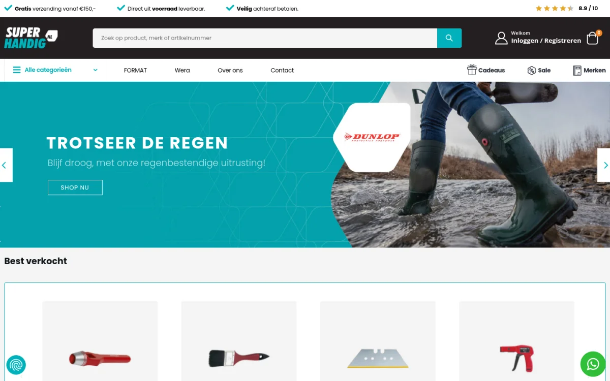 SuperHandig.nl homepage banner promoting Dunlop rain boots alongside bestselling tools
