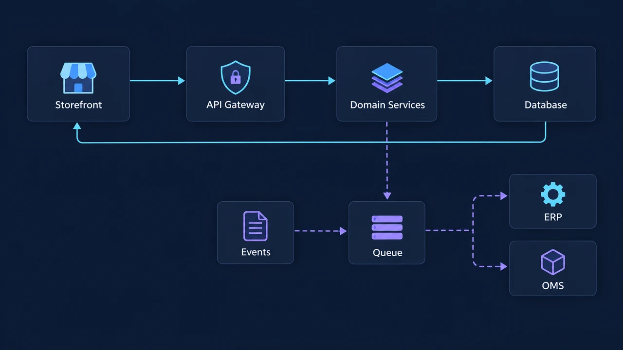 Diagram of api request and event flow: Storefront, API Gateway, Domain Services, Database, Events, Queue.