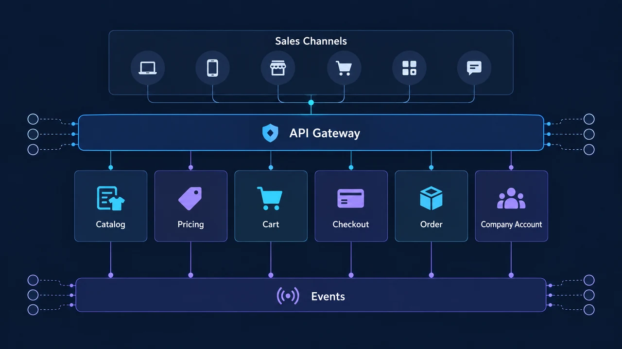 Diagram of commerce api domain boundaries: Sales Channels, API Gateway, Catalog, Pricing, Cart, Checkout.