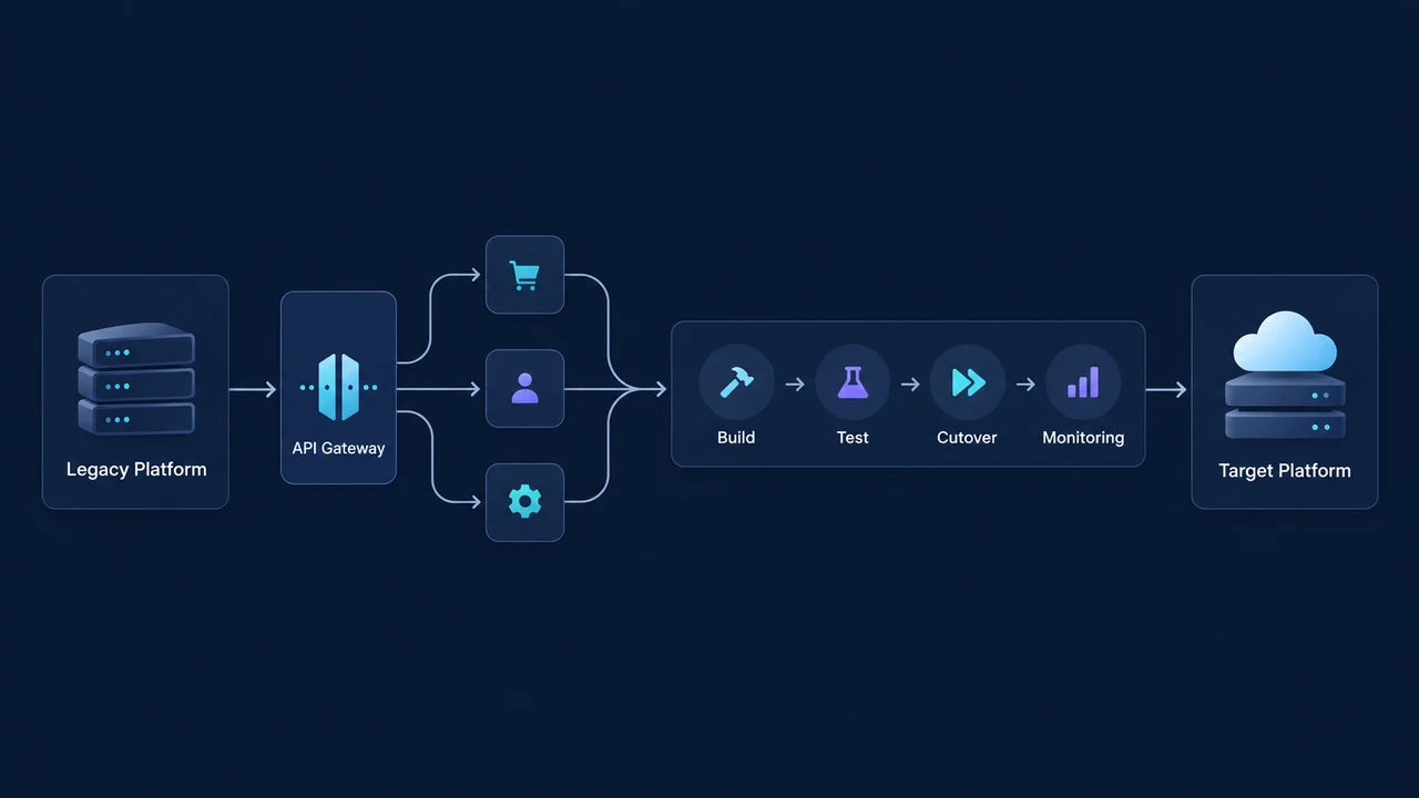 Diagram of incremental api platform delivery: Legacy Platform, API Gateway, Build, Test, Cutover, Monitoring.