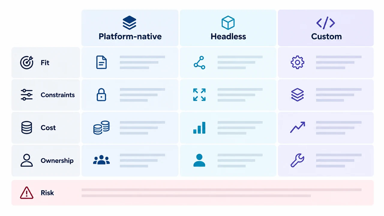 Diagram of platform-native vs hybrid vs custom: Platform-native, Headless, Custom, Fit, Constraints, Cost.