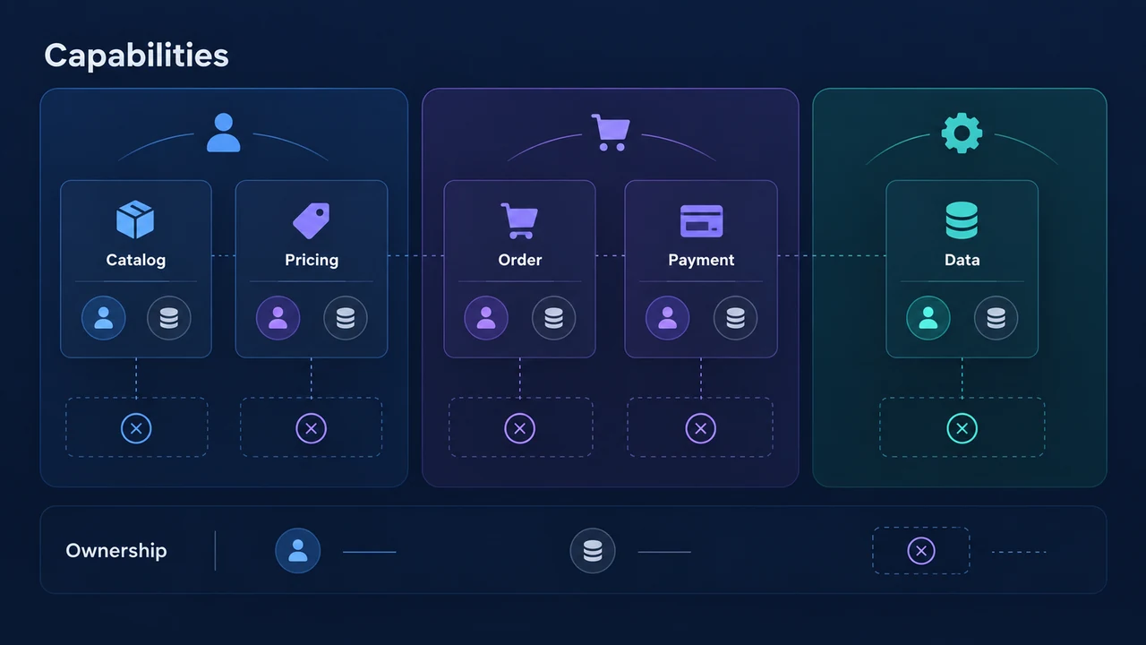Diagram of capability and ownership map: Capabilities, Catalog, Pricing, Order, Payment, Data.