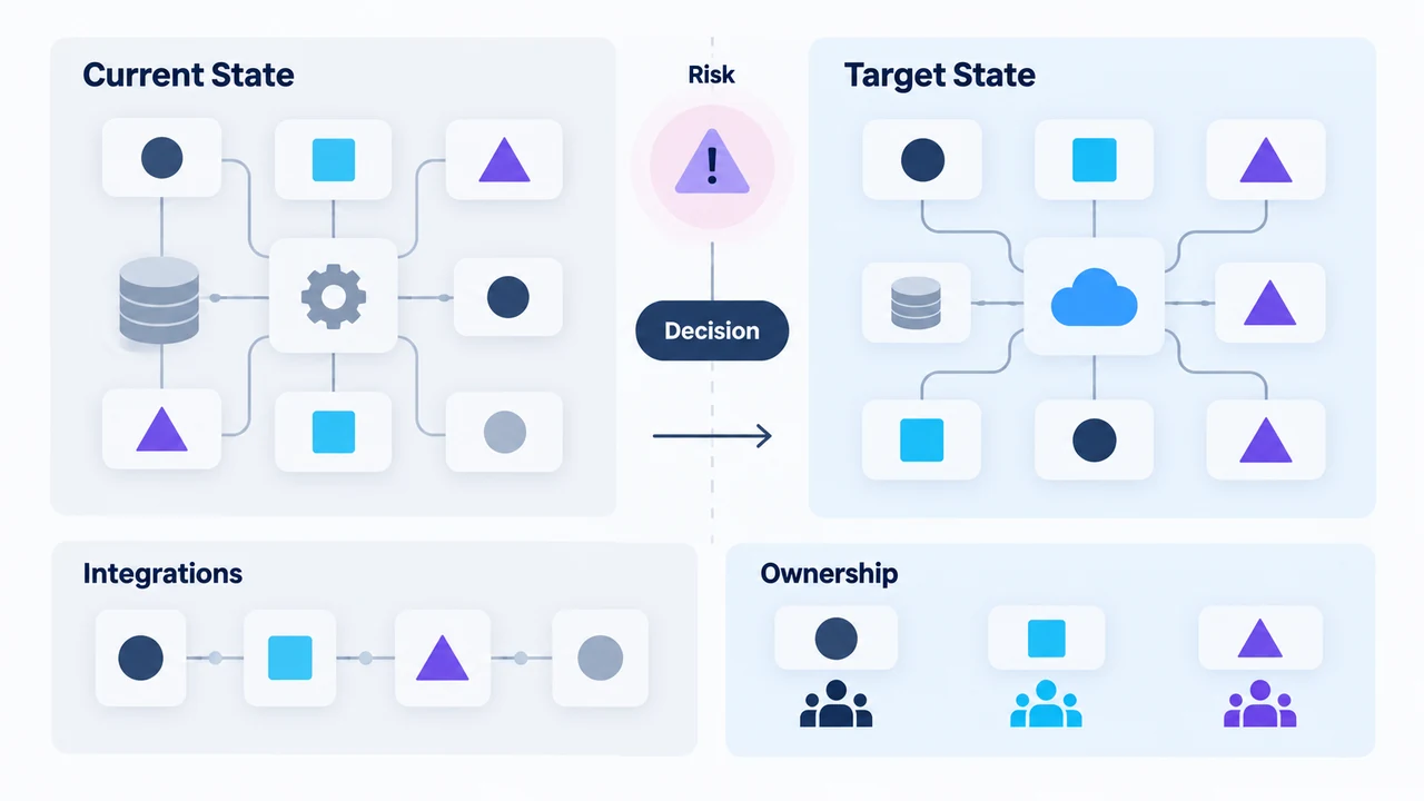 Diagram of current to target architecture: Current State, Risk, Decision, Target State, Ownership, Integrations.