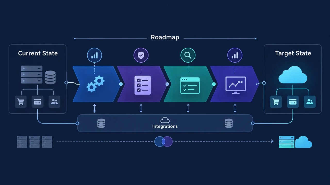 Diagram of phased modernisation roadmap: Current State, Roadmap, Integrations, Build, Test, Monitoring.