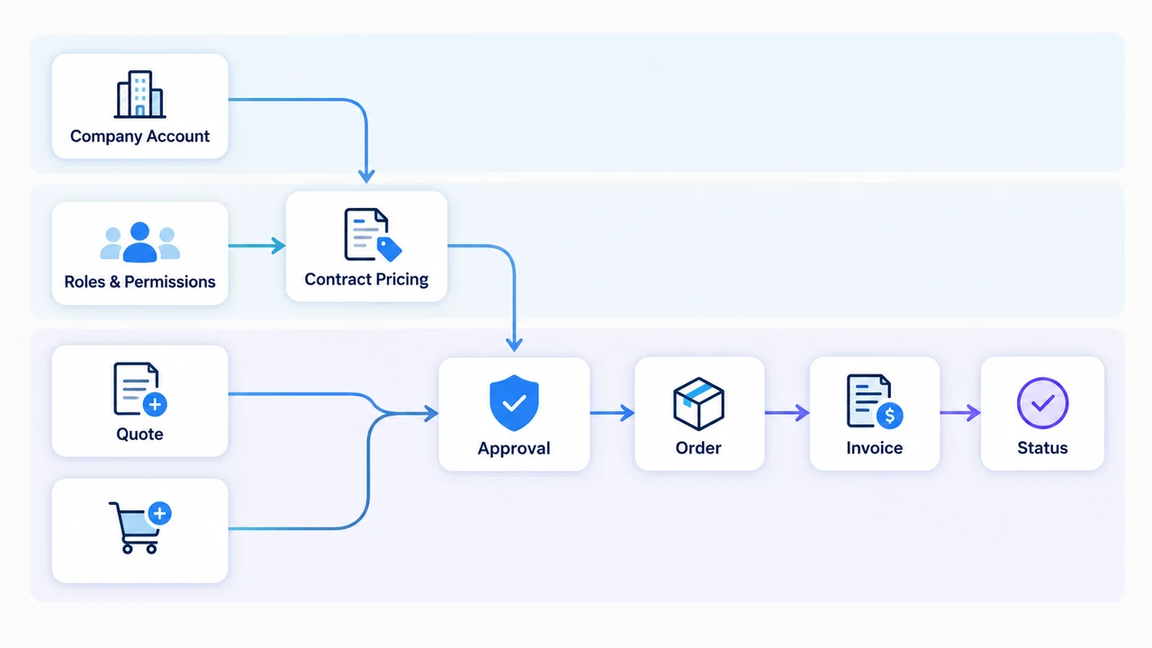Diagram of b2b quote, approval and order workflow: Company Account, Roles & Permissions, Contract Pricing, Quote, Approval, Order.