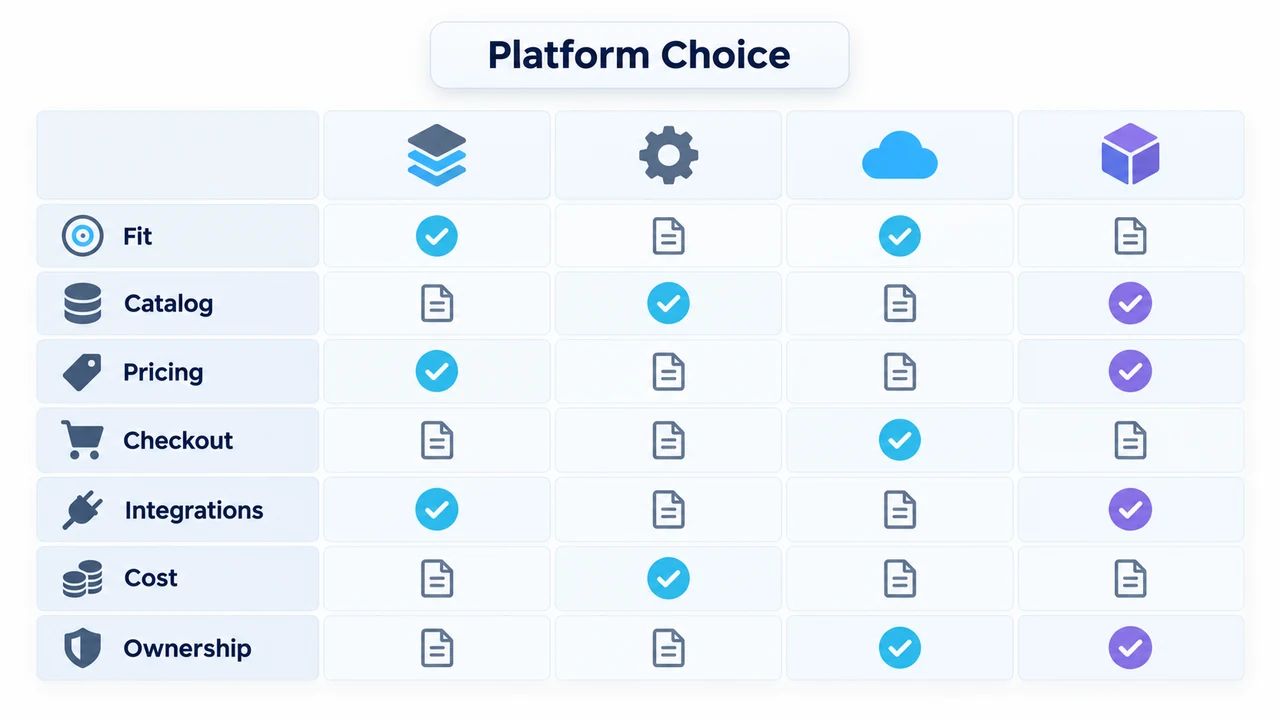 Diagram of platform selection matrix: Platform Choice, Fit, Catalog, Pricing, Checkout, Integrations.