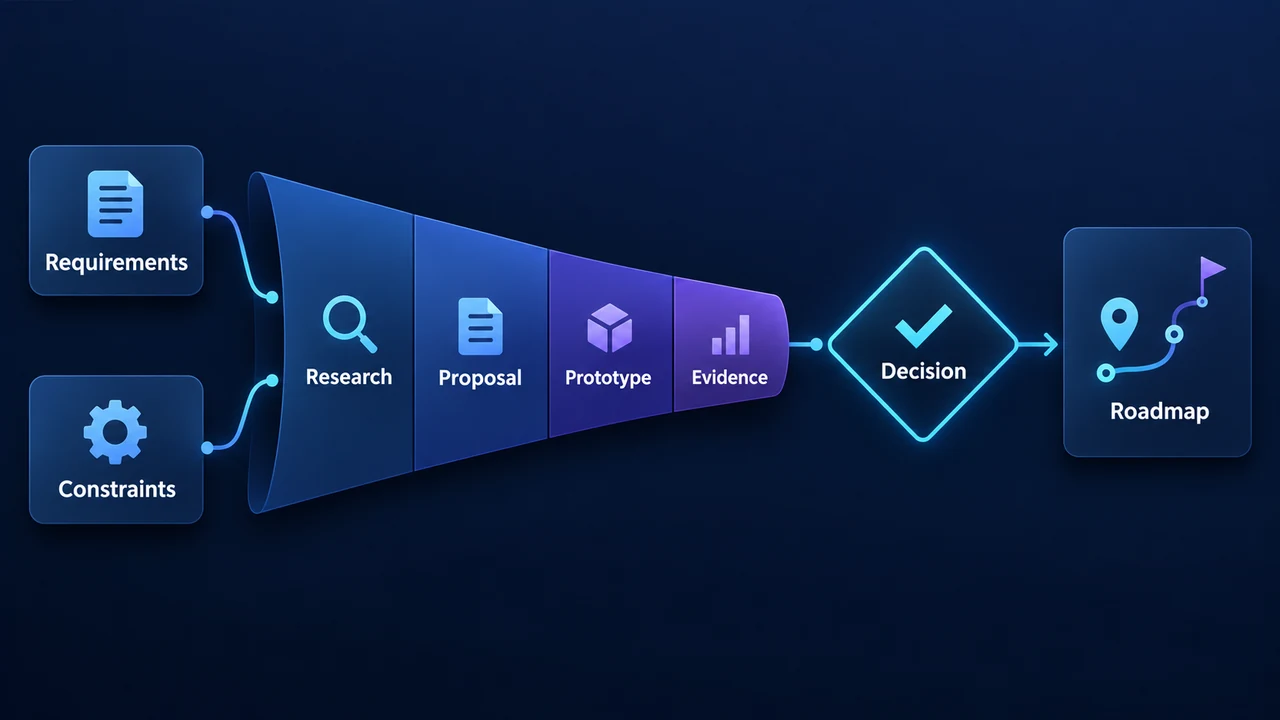 Diagram of platform selection process: Requirements, Constraints, Research, Proposal, Prototype, Evidence.