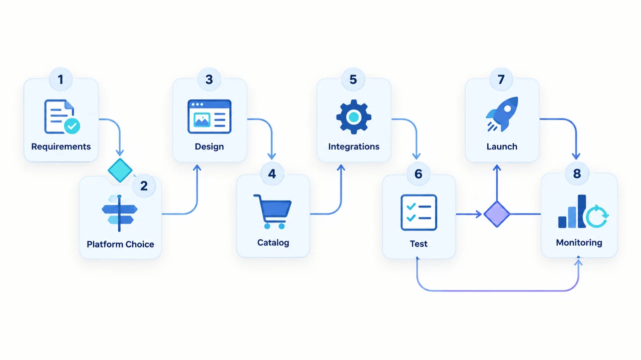 Diagram of website build roadmap: Requirements, Platform Choice, Design, Catalog, Integrations, Test.