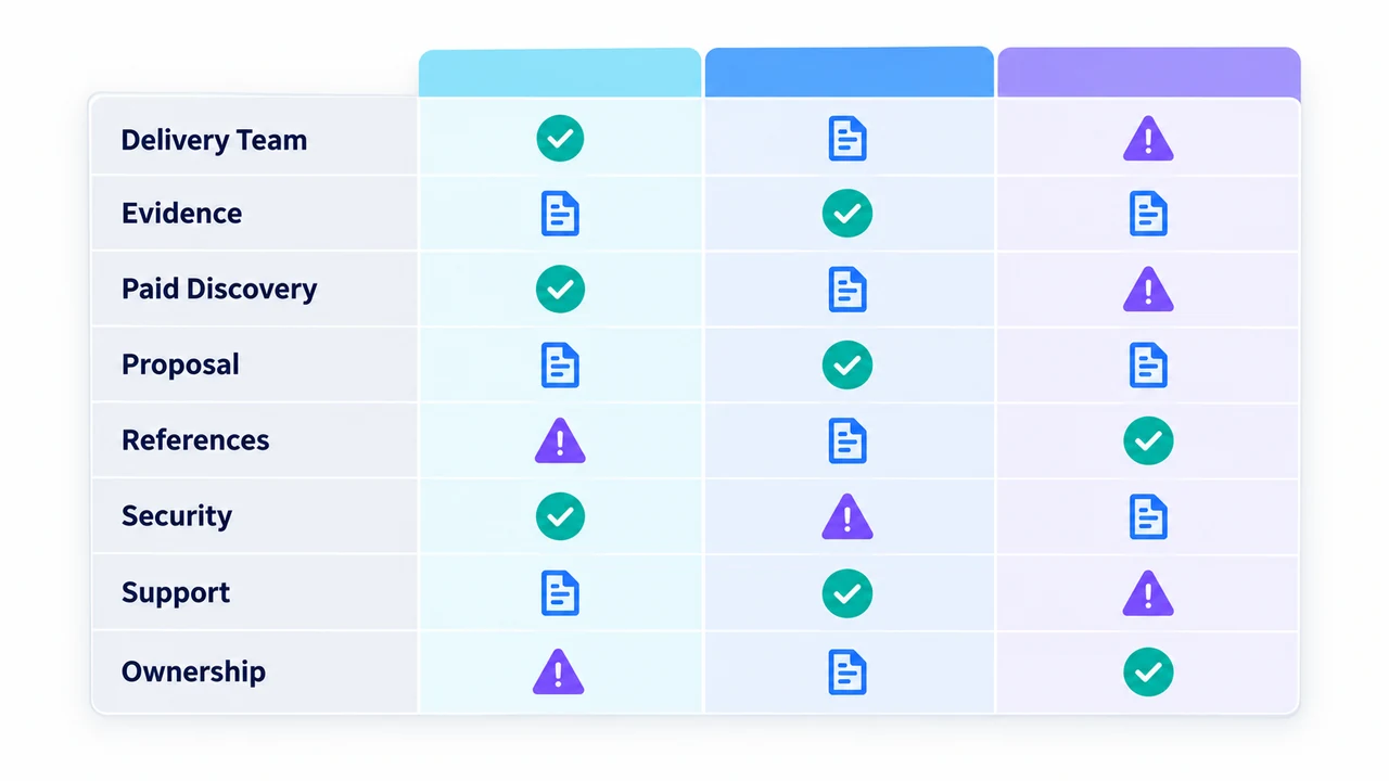 Diagram of development partner evaluation scorecard: Delivery Team, Evidence, Paid Discovery, Proposal, References, Security.