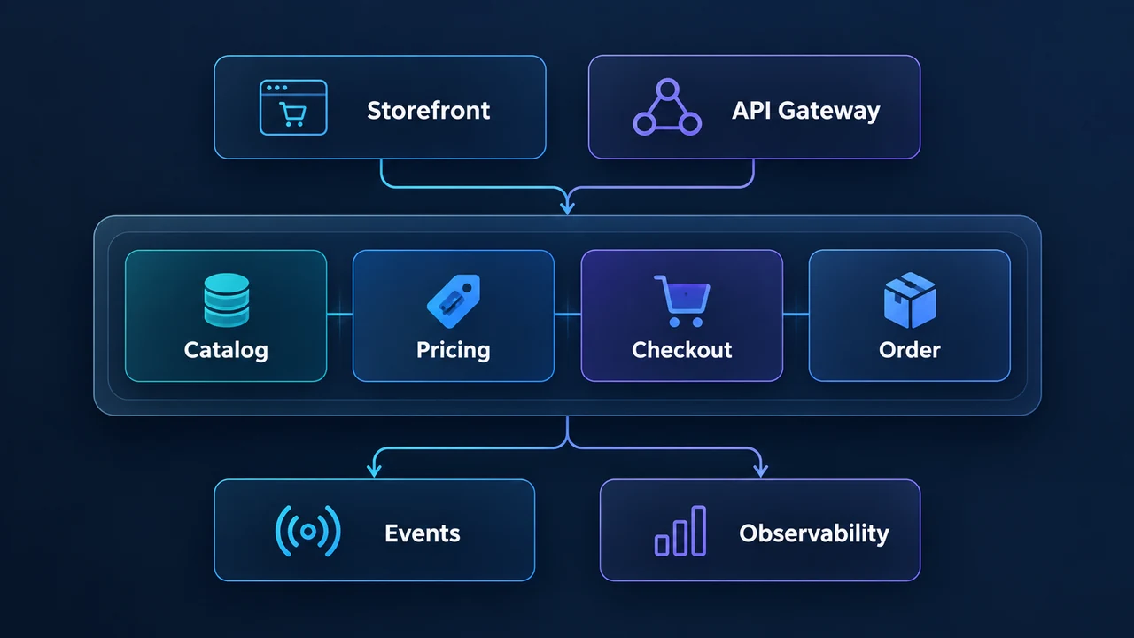 Diagram of modular custom commerce architecture: Storefront, API Gateway, Catalog, Pricing, Checkout, Order.