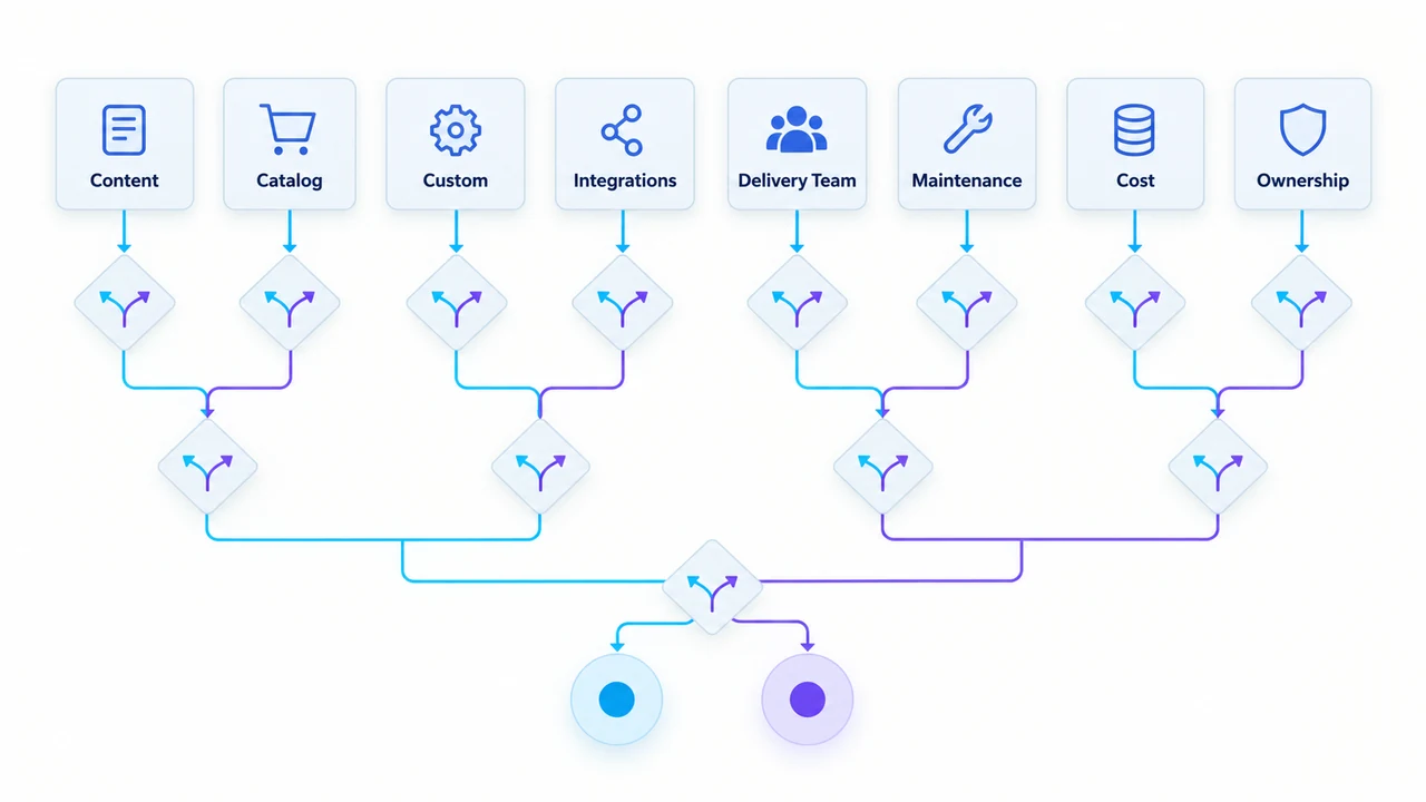 Diagram of drupal commerce fit map: Content, Catalog, Custom, Integrations, Delivery Team, Maintenance.