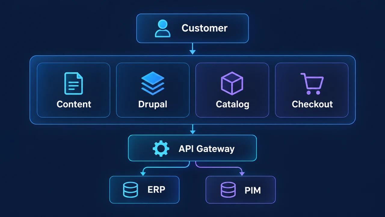 Diagram of drupal content-commerce boundary: Customer, Content, Drupal, Catalog, Checkout, API Gateway.