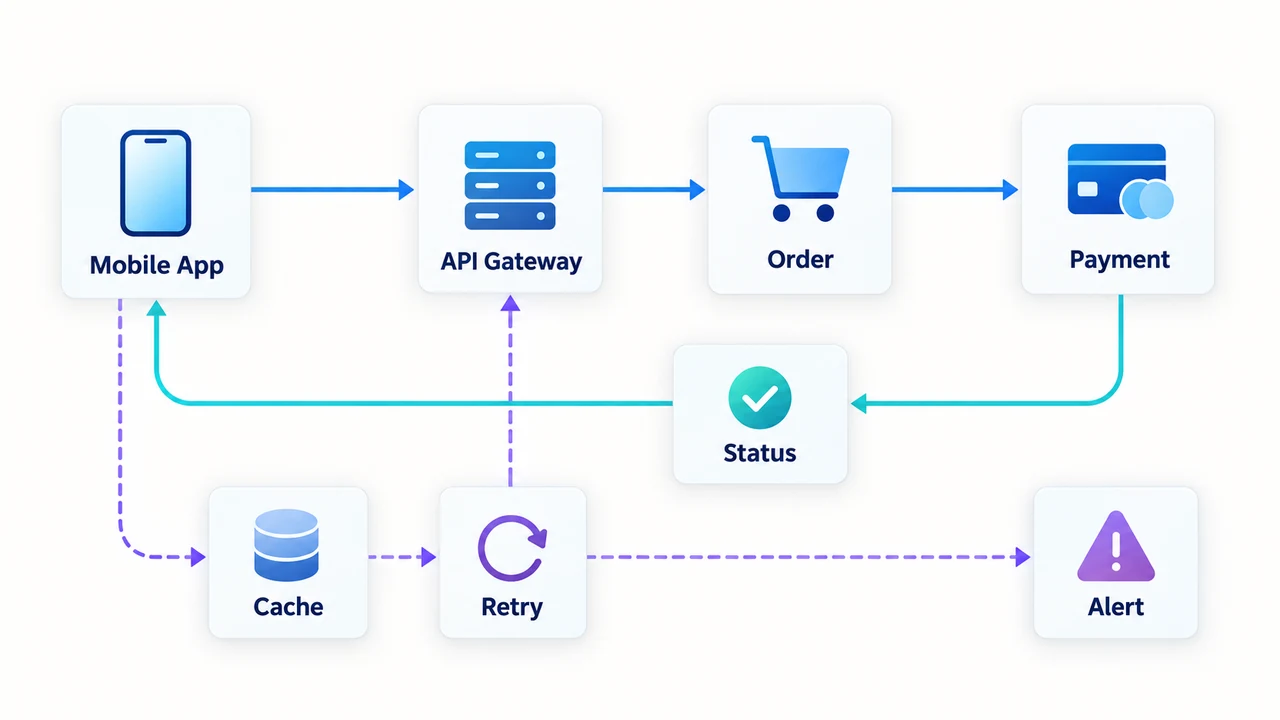 Diagram of mobile state and order synchronisation: Mobile App, Cache, API Gateway, Retry, Order, Payment.