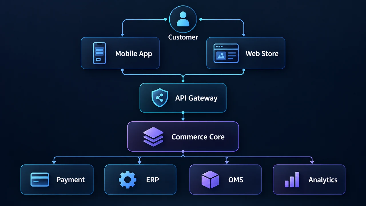 Diagram of omnichannel app architecture: Customer, Mobile App, Web Store, API Gateway, Commerce Core, Payment.