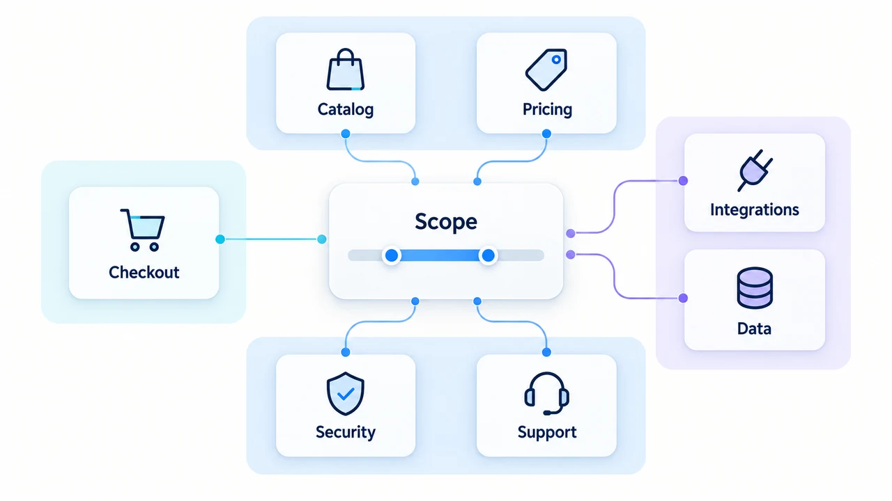 Diagram of ecommerce cost drivers: Scope, Catalog, Pricing, Checkout, Integrations, Data.