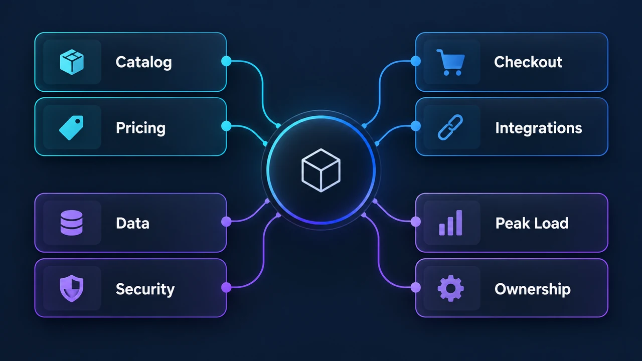 Diagram of scope and complexity drivers: Catalog, Pricing, Checkout, Integrations, Data, Security.
