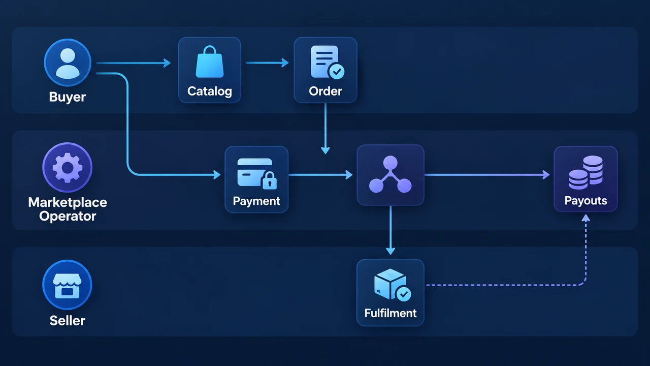 Diagram of marketplace transaction flow: Buyer, Marketplace Operator, Seller, Catalog, Order, Payment.