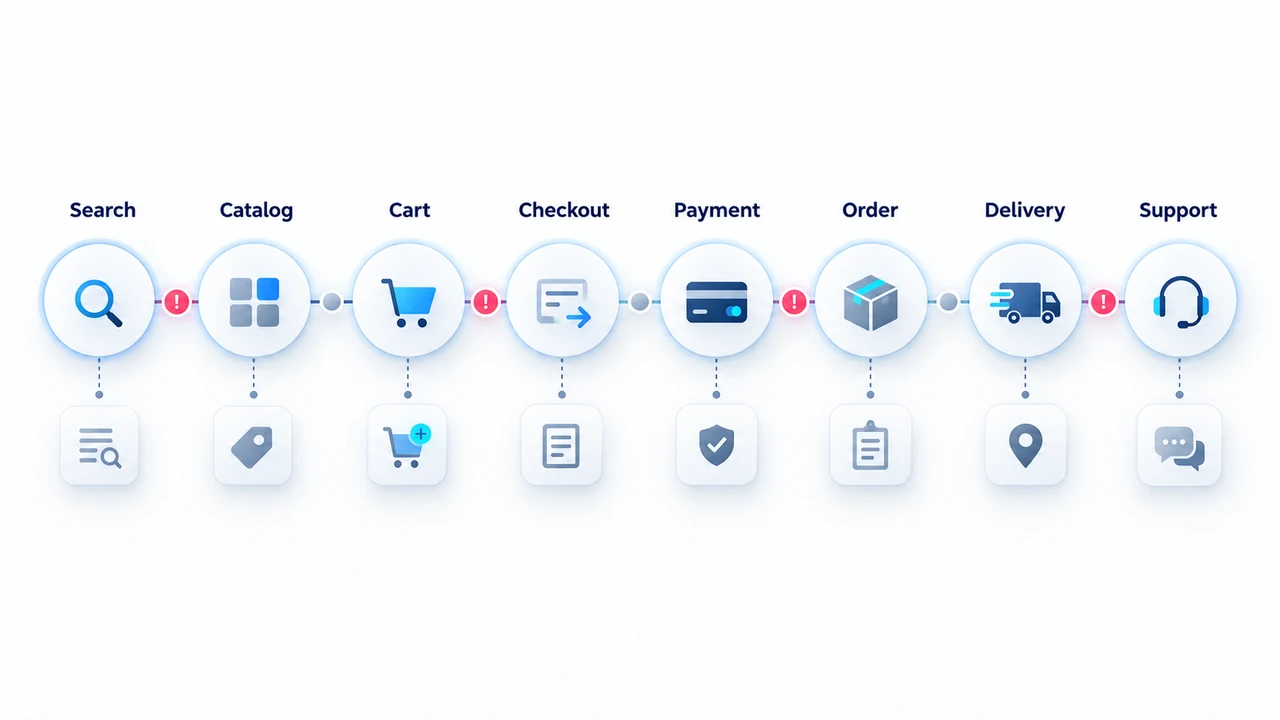 Diagram of commerce journey friction map: Search, Catalog, Cart, Checkout, Payment, Order.