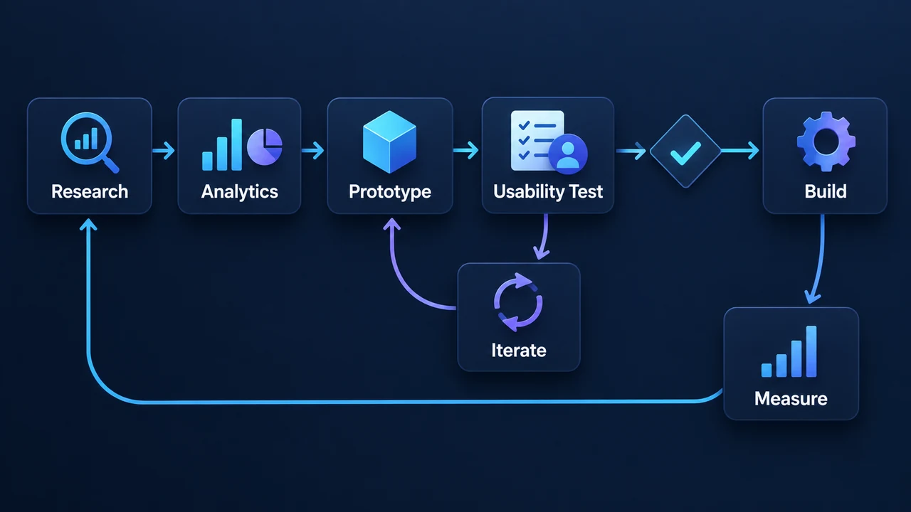 Diagram of research, prototype and validation loop: Research, Analytics, Prototype, Usability Test, Iterate, Build.