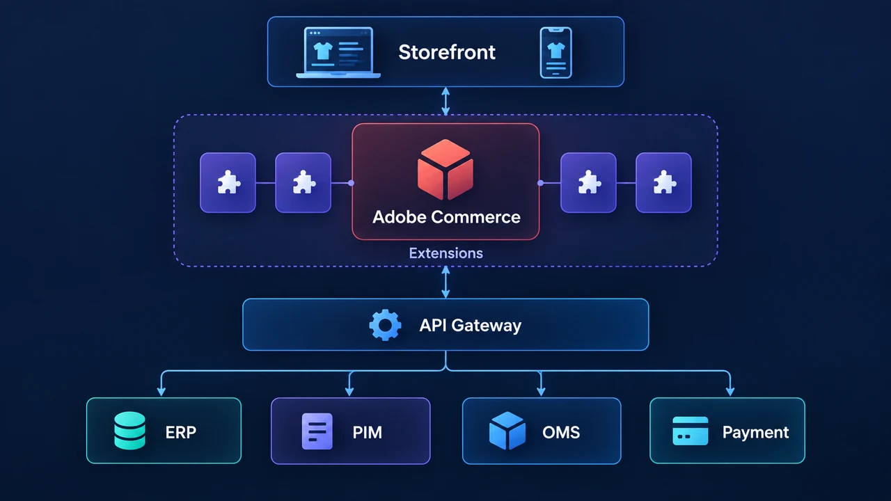 Diagram of adobe commerce extension boundaries: Storefront, Adobe Commerce, Extensions, API Gateway, ERP, PIM.