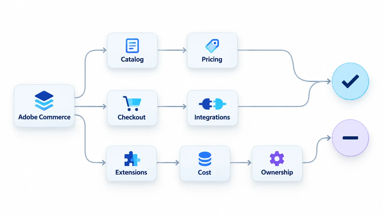 Diagram of adobe commerce fit map: Adobe Commerce, Catalog, Pricing, Checkout, Integrations, Extensions.