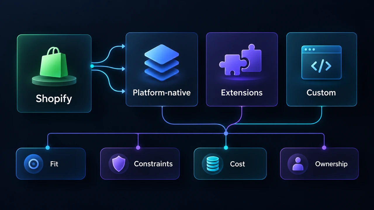 Diagram of shopify native, app and custom boundaries: Shopify, Platform-native, Extensions, Custom, Fit, Constraints.
