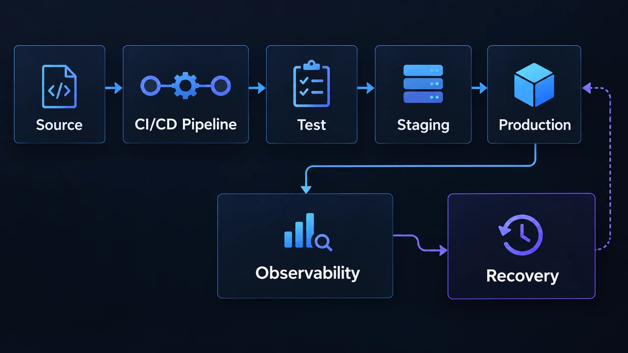 Diagram of cloud delivery architecture: Source, CI/CD Pipeline, Test, Staging, Production, Observability.