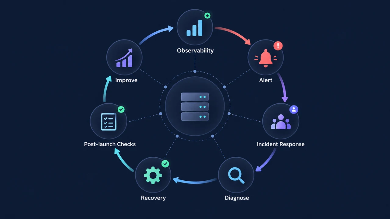 Diagram of observability and recovery lifecycle: Observability, Alert, Incident Response, Diagnose, Recovery, Post-launch Checks.