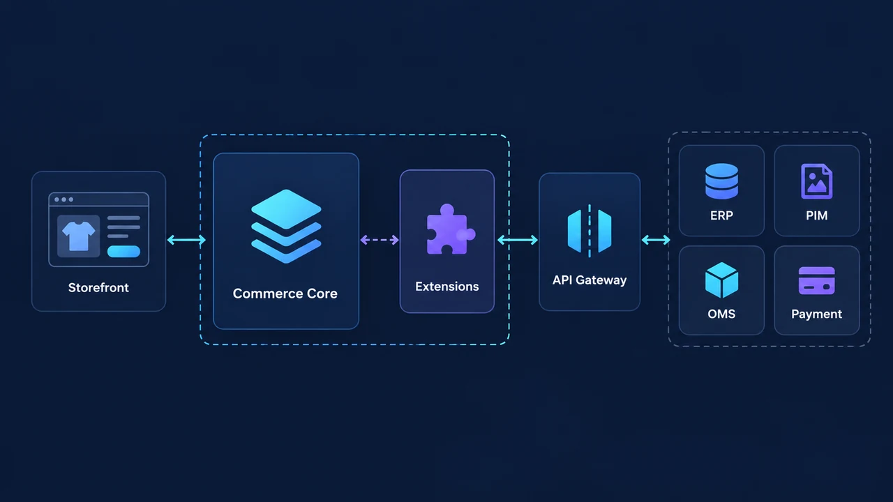 Diagram of extension and integration boundaries: Storefront, Commerce Core, Extensions, API Gateway, ERP, PIM.