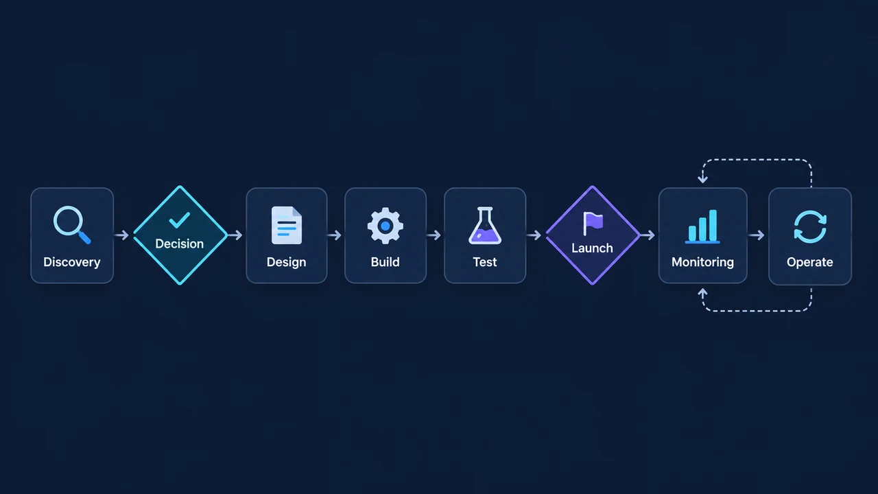 Diagram of platform delivery lifecycle: Discovery, Decision, Design, Build, Test, Launch.
