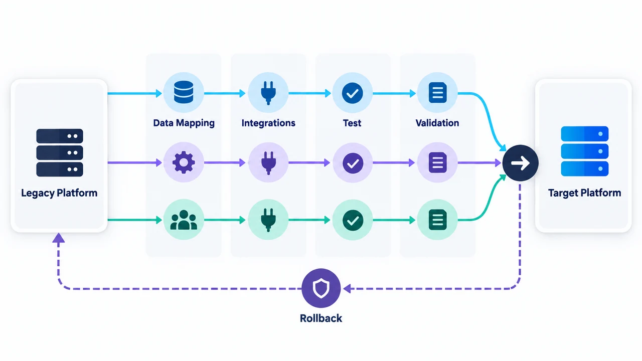 Diagram of platform migration flow: Legacy Platform, Data Mapping, Integrations, Test, Validation, Cutover.