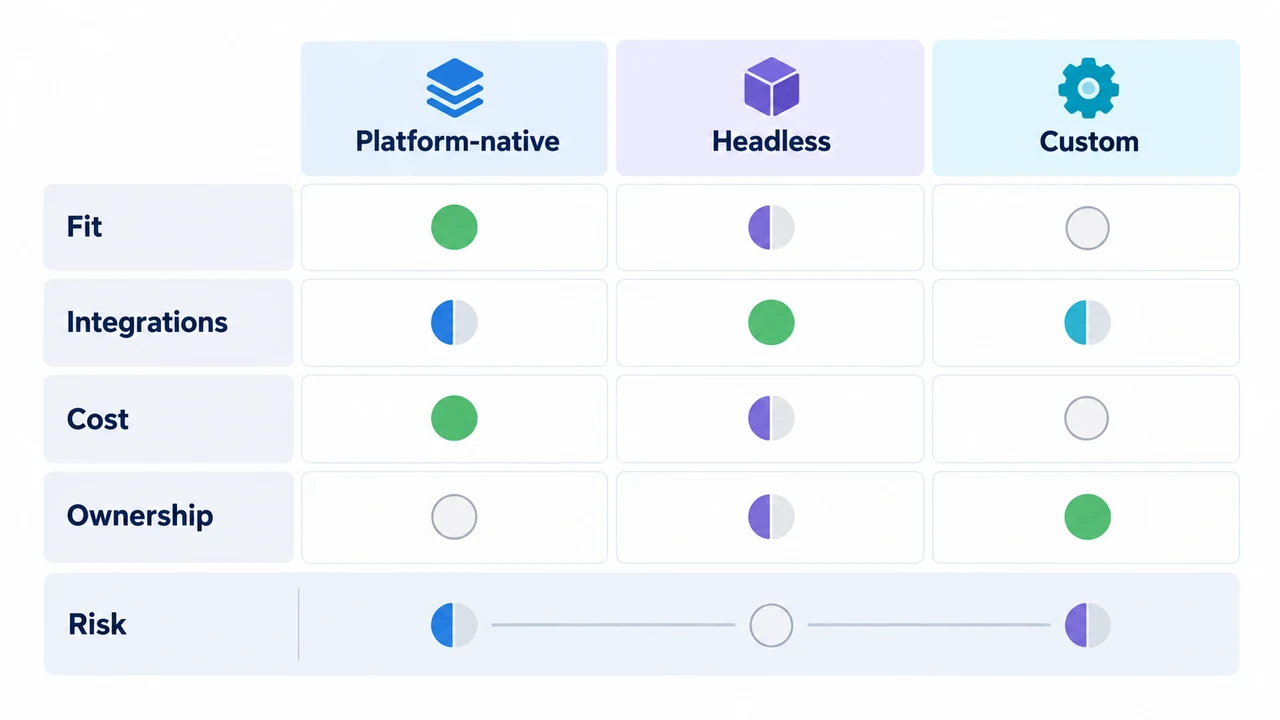 Diagram of platform selection matrix: Platform-native, Headless, Custom, Fit, Integrations, Cost.
