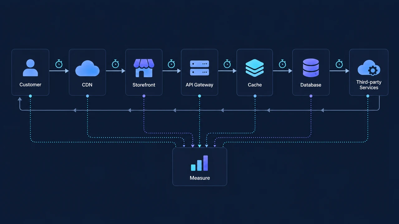 Diagram of end-to-end performance path: Customer, CDN, Storefront, API Gateway, Cache, Database.