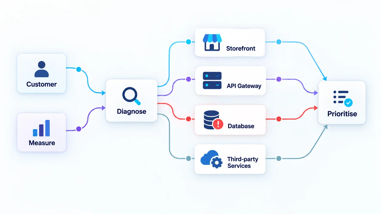 Diagram of performance bottleneck diagnosis: Measure, Customer, Storefront, API Gateway, Database, Third-party Services.