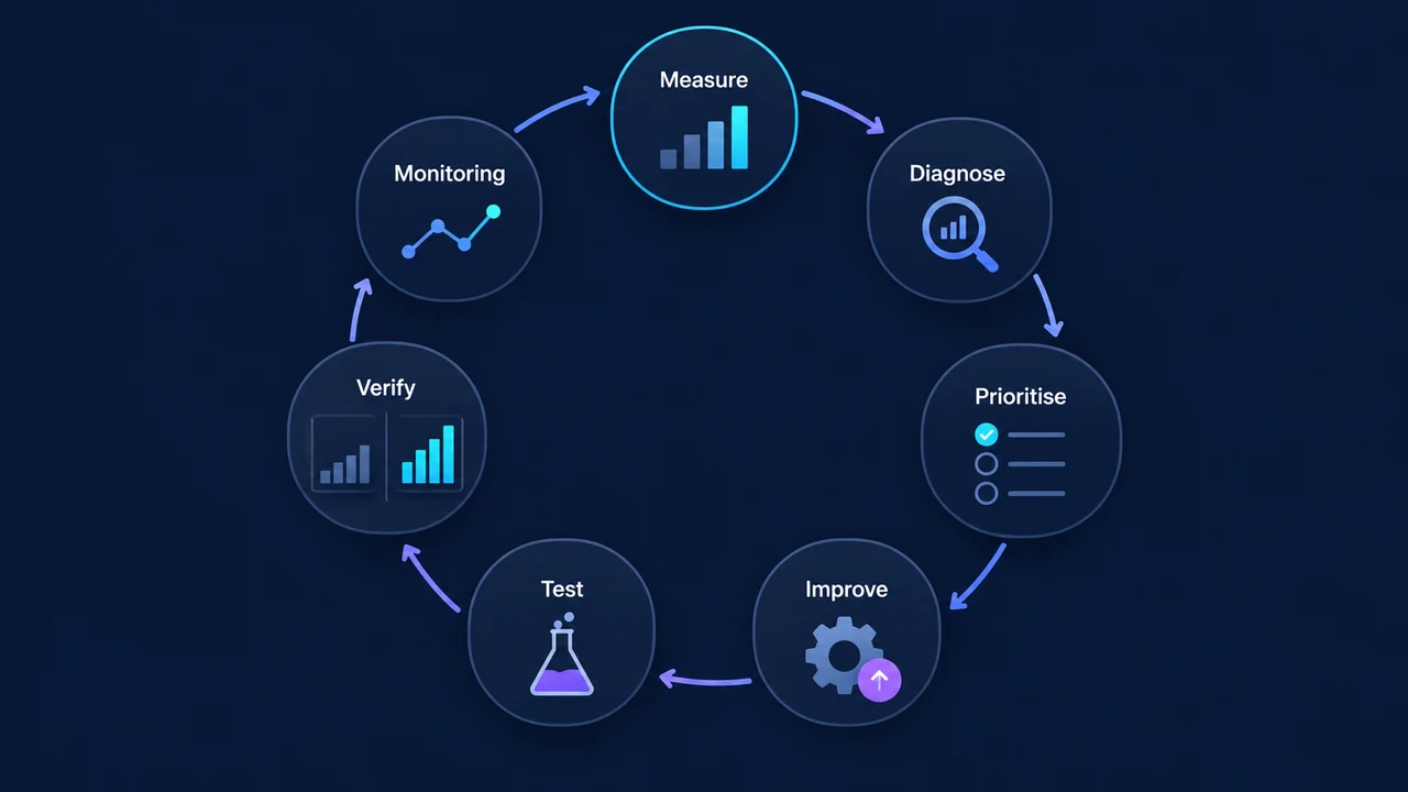 Diagram of performance optimisation loop: Measure, Diagnose, Prioritise, Improve, Test, Verify.