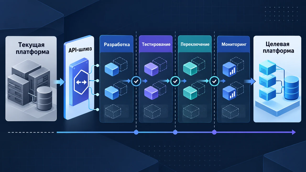 Схема взаимосвязей: Текущая платформа, API-шлюз, Разработка, Тестирование, Переключение, Мониторинг, Целевая платформа.