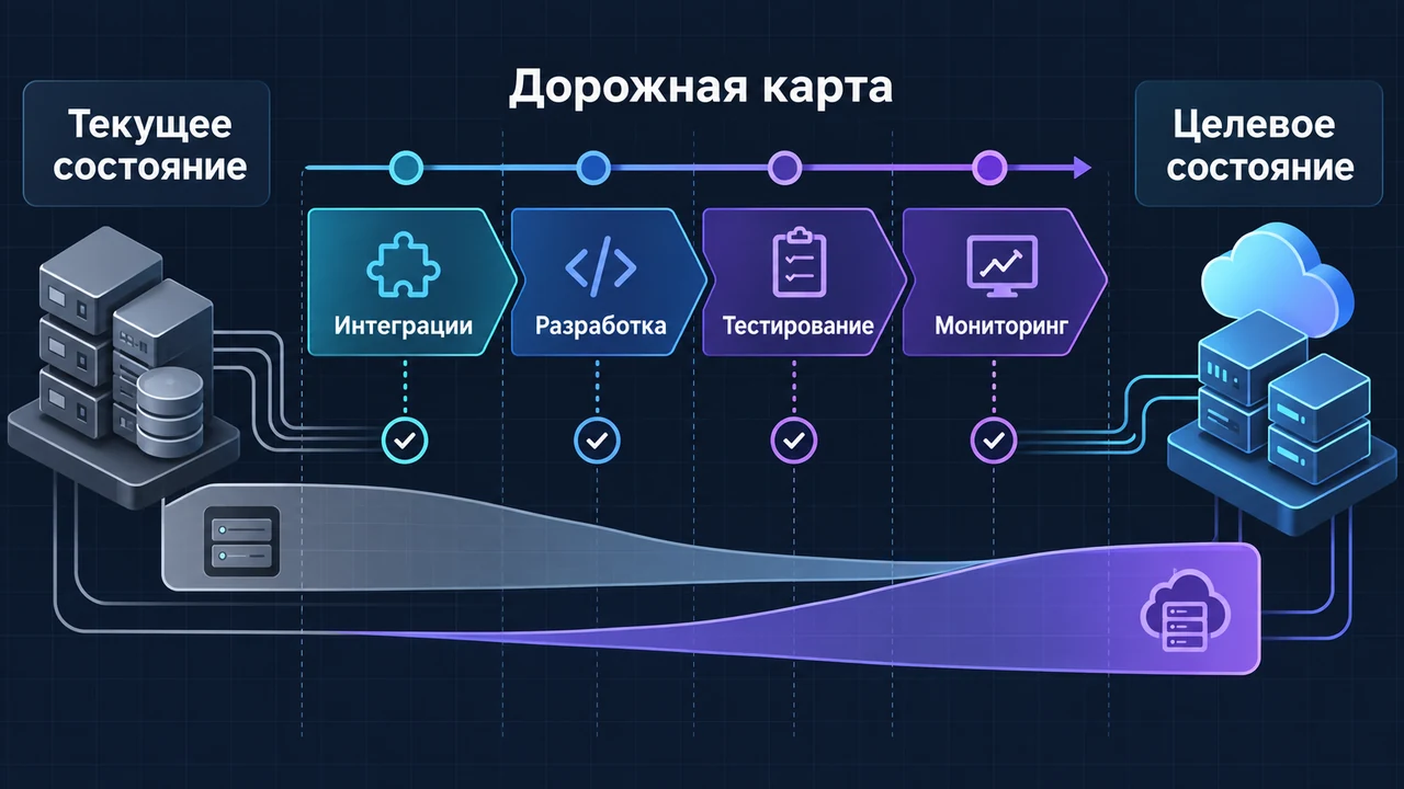 Схема взаимосвязей: Текущее состояние, Дорожная карта, Интеграции, Разработка, Тестирование, Мониторинг, Целевое состояние.