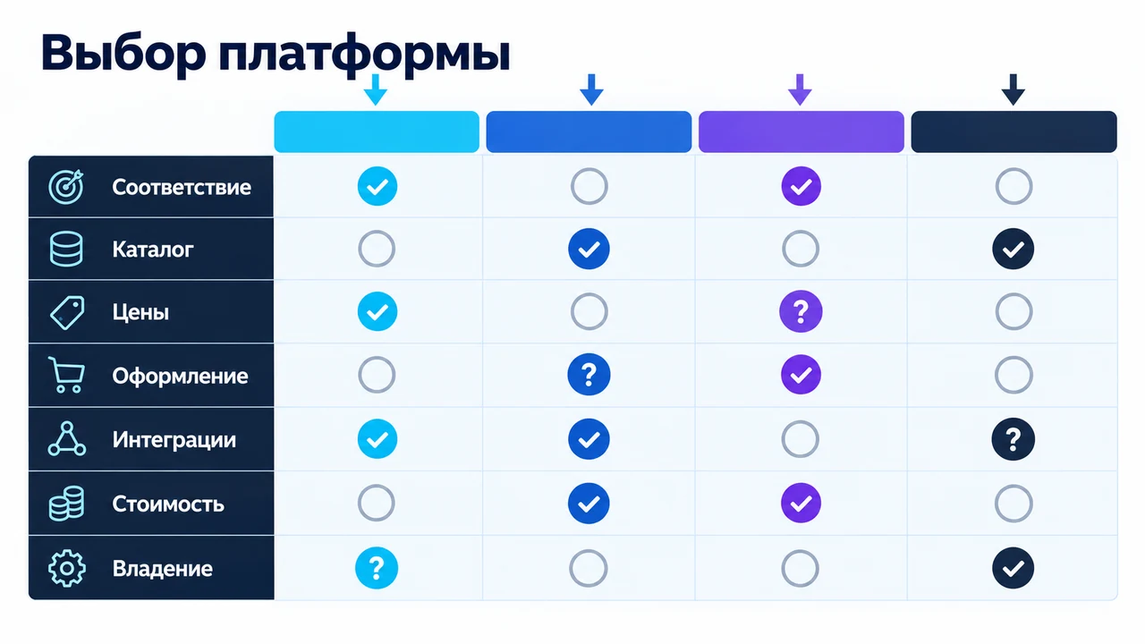 Схема взаимосвязей: Выбор платформы, Соответствие, Каталог, Цены, Оформление, Интеграции, Стоимость.