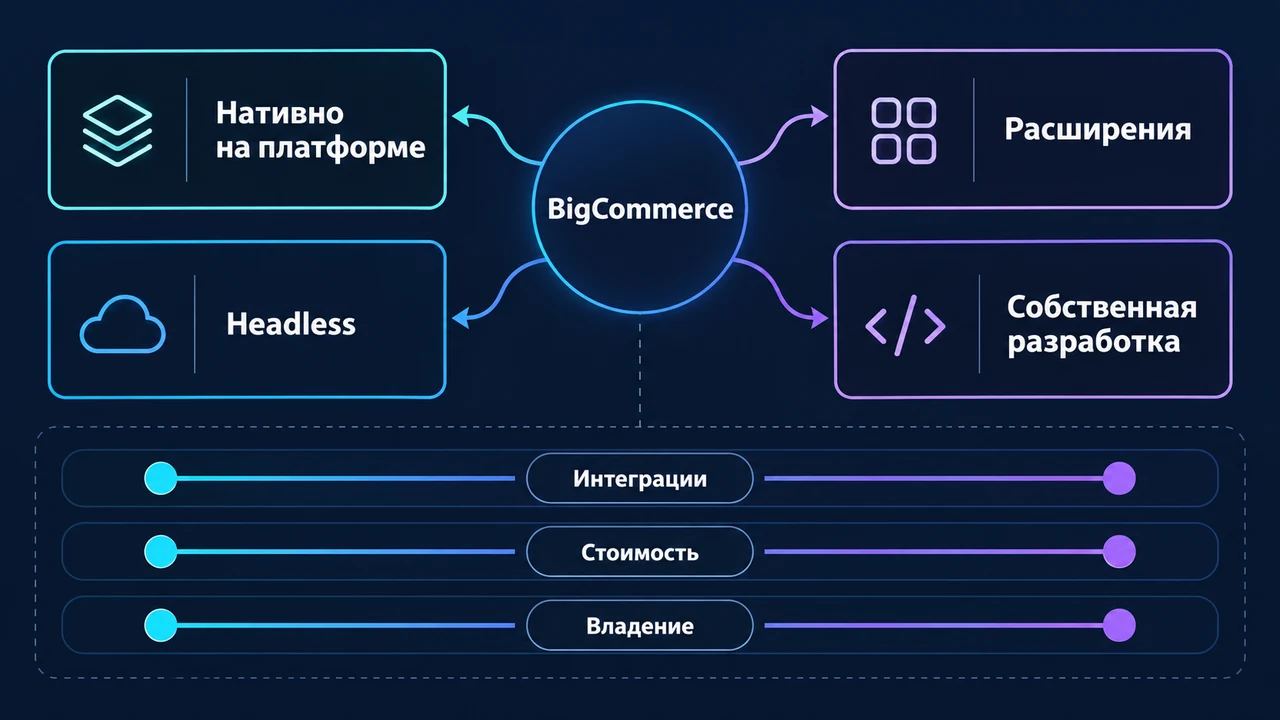 Схема взаимосвязей: BigCommerce, Нативно на платформе, Расширения, Headless, Собственная разработка, Интеграции, Стоимость.