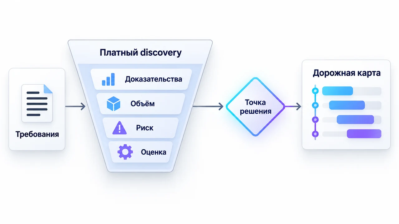 Схема взаимосвязей: Требования, Платный discovery, Доказательства, Объём, Риск, Оценка, Дорожная карта.