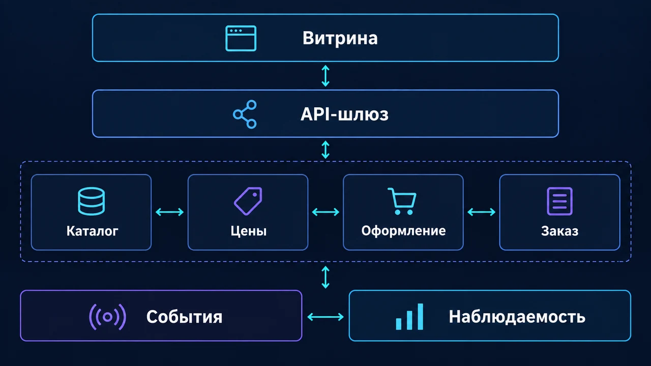 Схема взаимосвязей: Витрина, API-шлюз, Каталог, Цены, Оформление, Заказ, События.