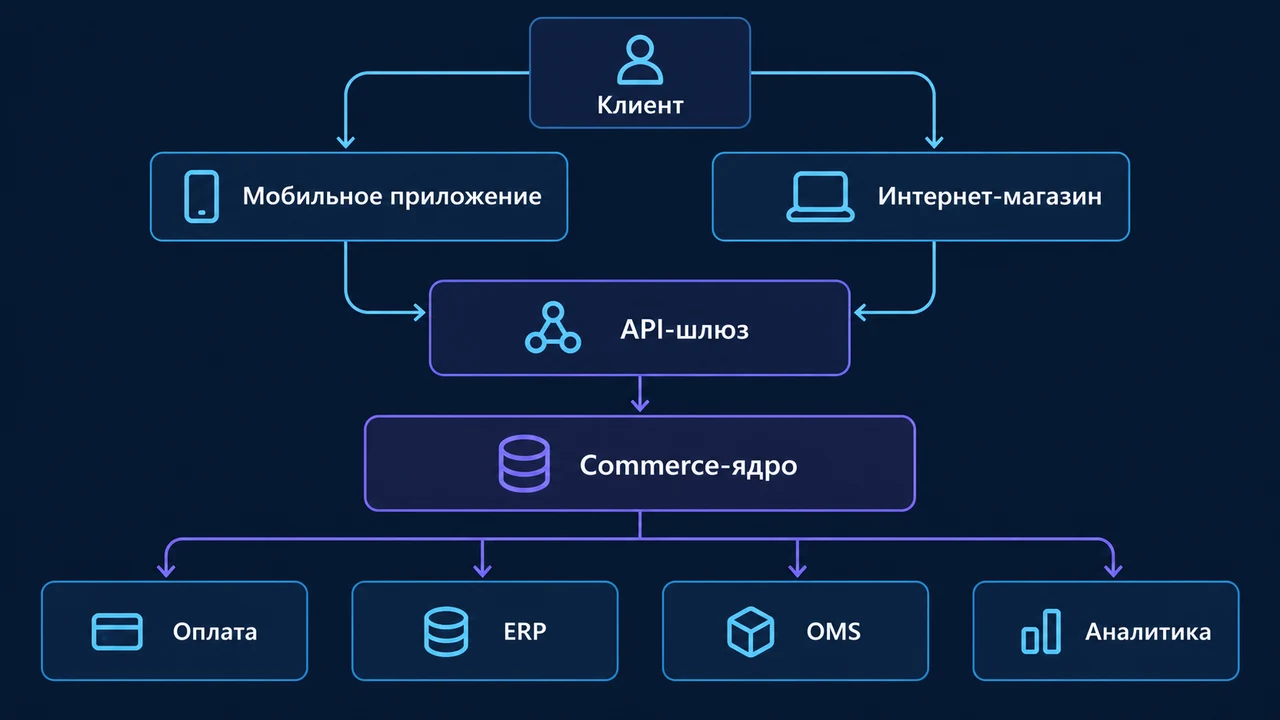 Схема взаимосвязей: Клиент, Мобильное приложение, Интернет-магазин, API-шлюз, Commerce-ядро, Оплата, ERP.