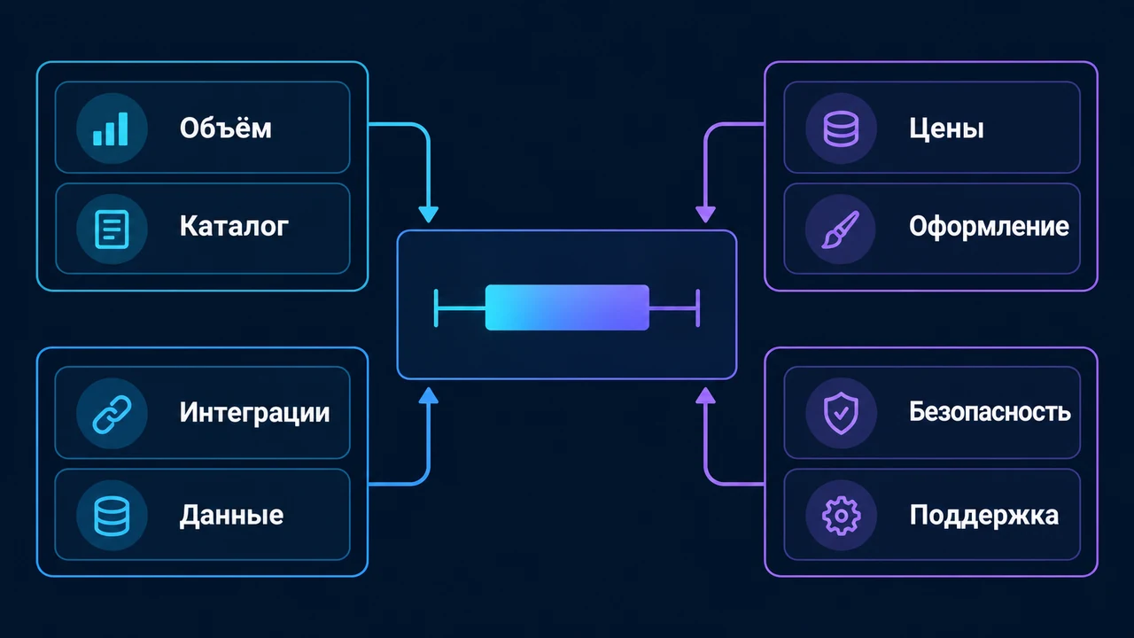 Схема взаимосвязей: Объём, Каталог, Цены, Оформление, Интеграции, Данные, Безопасность.